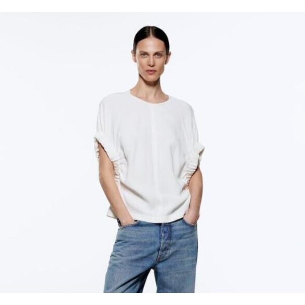 NWT ZARA White Blouse with Rolled Sleeve TOP  Size S Ref. 2143/055